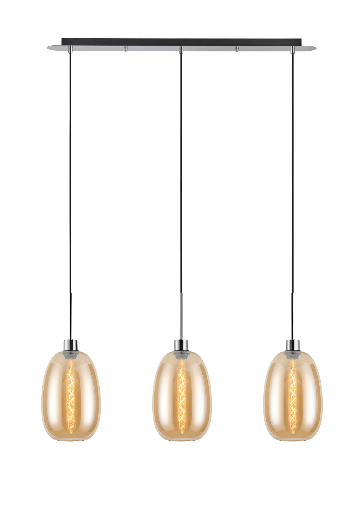 DK1299  Lori Linear Pendant, 3 Light Adjustable E27, Polished Chrome/Amber Slim Curved Trapezium Shades